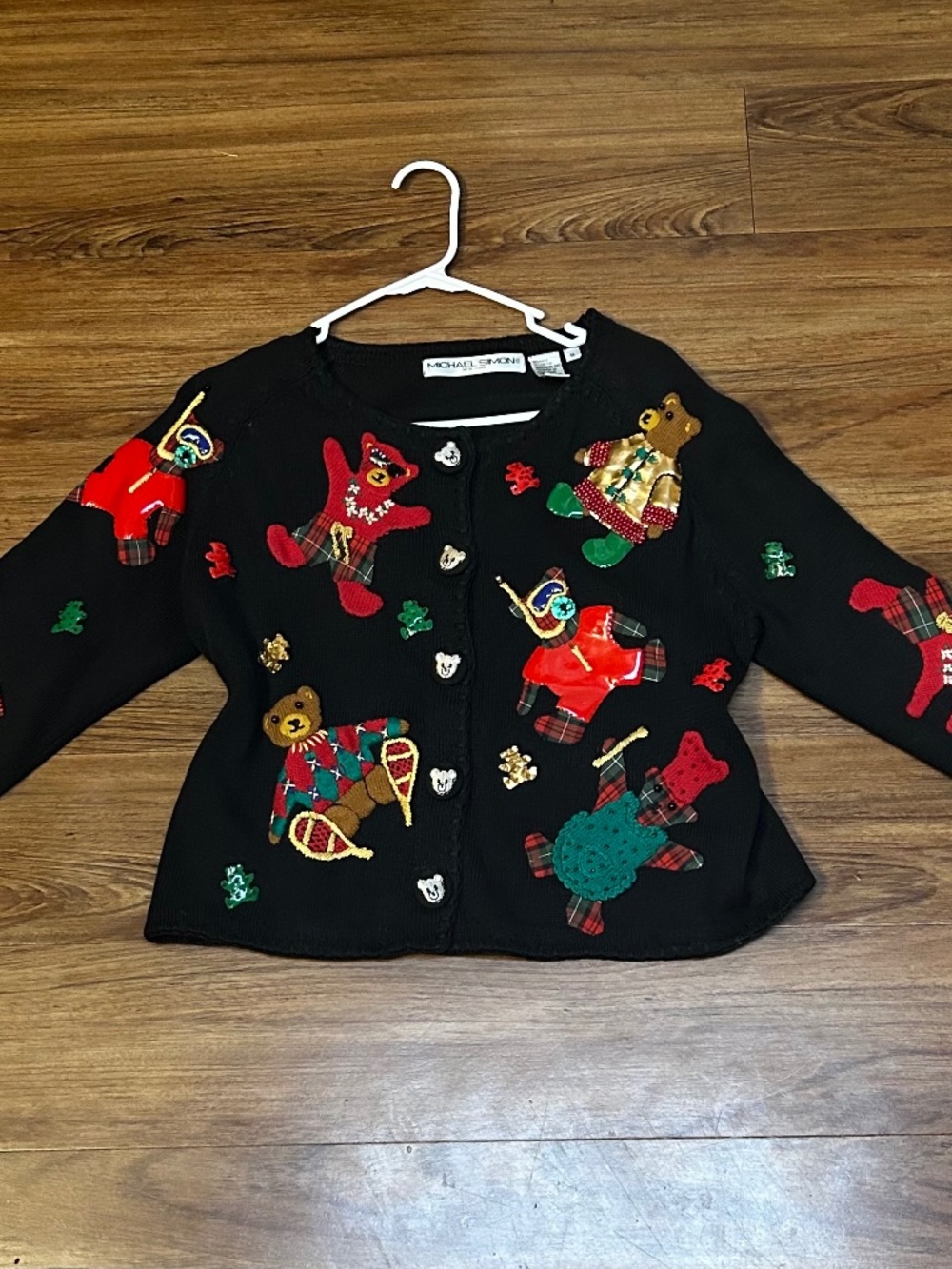 Michael Simon Black Holiday teddy bear sweater  Rare size M